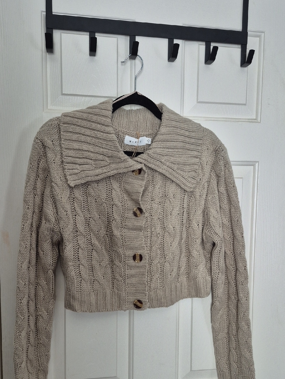 Cropped Cable Knit Button-Front Sweater - Beige